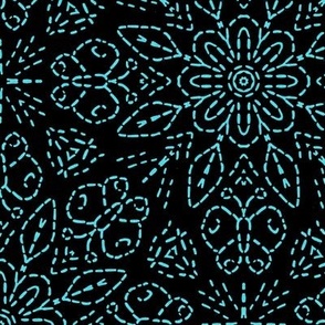 Embroidery Illusion Butterflies and Bloom in Turquoise Blue on Black