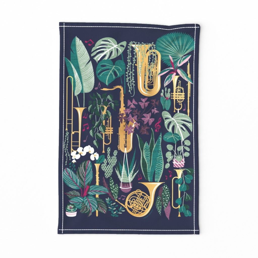 Music to my eyes tea towel or wall hanging // oxford navy blue background gold textured musical instruments green indoor plants pink music notes