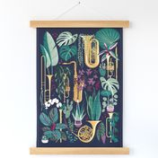 Music to my eyes tea towel or wall hanging // oxford navy blue background gold textured musical instruments green indoor plants pink music notes