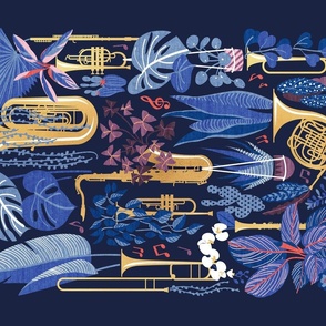 Music to my eyes tea towel or wall hanging // oxford navy blue background gold textured musical instruments blue indoor plants coral music notes