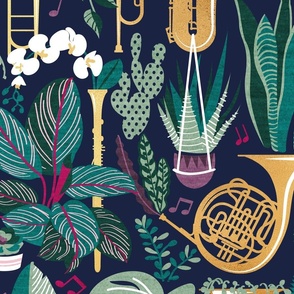 Large jumbo scale // Music to my eyes // oxford navy blue background gold textured musical instruments green indoor plants pink music notes