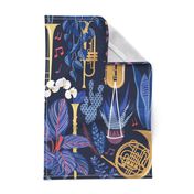 Large jumbo scale // Music to my eyes // oxford navy blue background gold textured musical instruments blue indoor plants coral music notes
