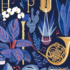 Large jumbo scale // Music to my eyes // oxford navy blue background gold textured musical instruments blue indoor plants coral music notes