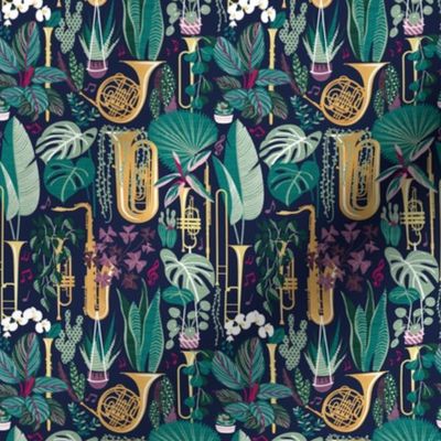 Tiny scale // Music to my eyes // oxford navy blue background gold textured musical instruments green indoor plants pink music notes