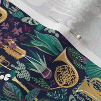 Tiny scale // Music to my eyes // oxford navy blue background gold textured musical instruments green indoor plants pink music notes