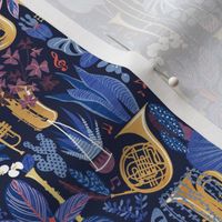 Tiny scale // Music to my eyes // oxford navy blue background gold textured musical instruments blue indoor plants coral music notes