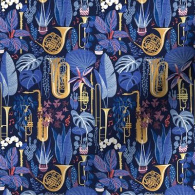 Tiny scale // Music to my eyes // oxford navy blue background gold textured musical instruments blue indoor plants coral music notes