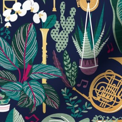 Normal scale // Music to my eyes // oxford navy blue background gold textured musical instruments green indoor plants pink music notes