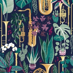 Normal scale // Music to my eyes // oxford navy blue background gold textured musical instruments green indoor plants pink music notes