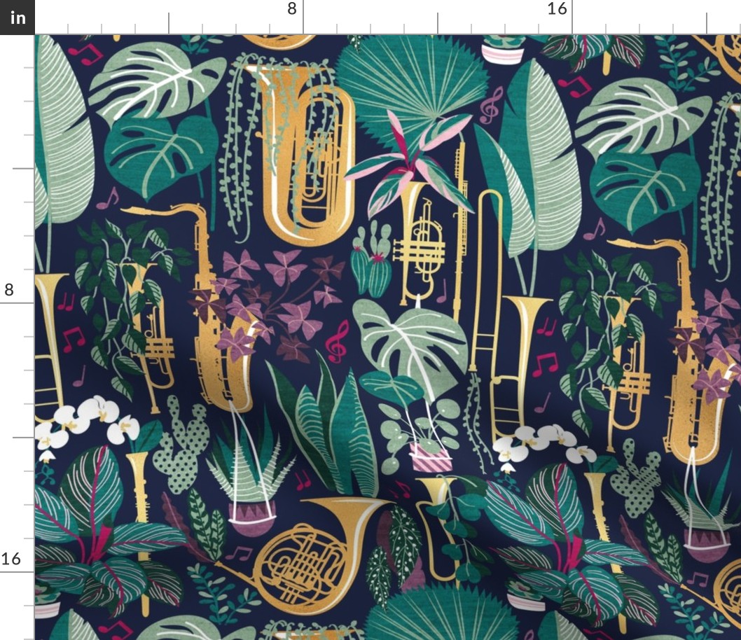 Normal scale // Music to my eyes // oxford navy blue background gold textured musical instruments green indoor plants pink music notes