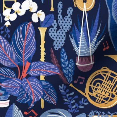 Normal scale // Music to my eyes // oxford navy blue background gold textured musical instruments blue indoor plants coral music notes
