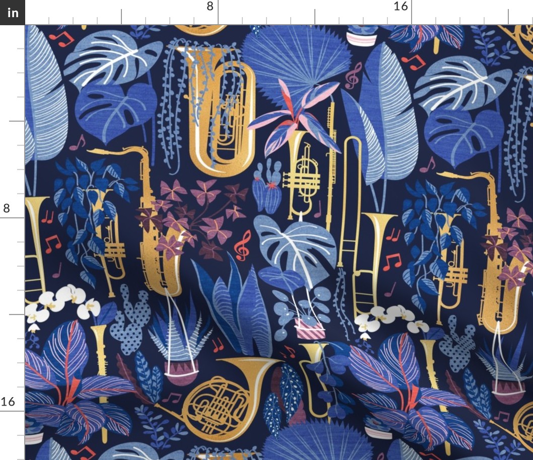 Normal scale // Music to my eyes // oxford navy blue background gold textured musical instruments blue indoor plants coral music notes