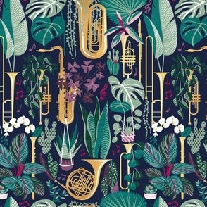 Small scale // Music to my eyes // oxford navy blue background gold textured musical instruments green indoor plants pink music notes