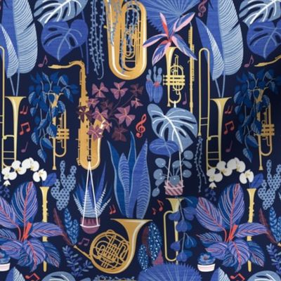 Small scale // Music to my eyes // oxford navy blue background gold textured musical instruments blue indoor plants coral music notes