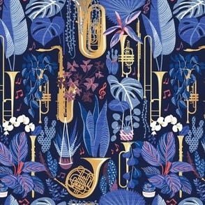 Small scale // Music to my eyes // oxford navy blue background gold textured musical instruments blue indoor plants coral music notes