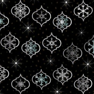 Medium Scale - Christmas Winter Moroccan Trellis Ornaments with Snowflakes on Black snowy night with stars