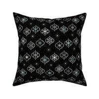 Medium Scale - Christmas Winter Moroccan Trellis Ornaments with Snowflakes on Black snowy night with stars