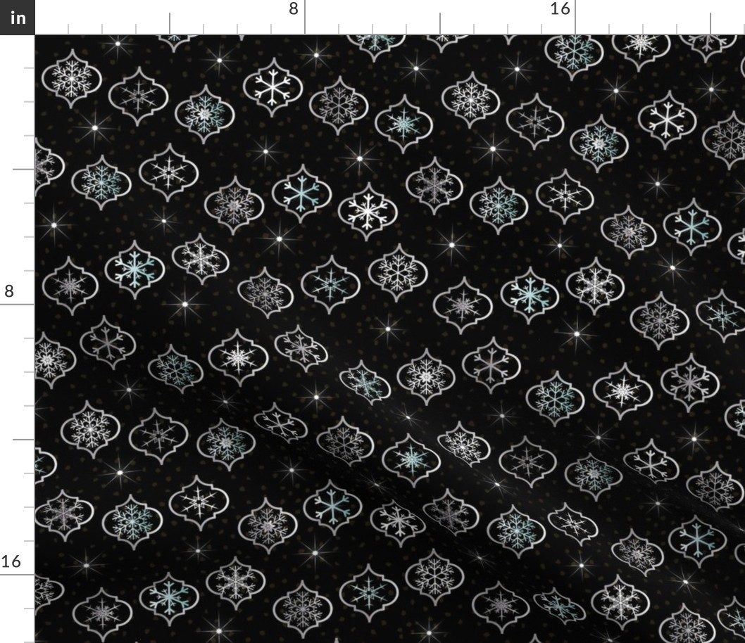 Medium Scale - Christmas Winter Moroccan Trellis Ornaments with Snowflakes on Black snowy night with stars