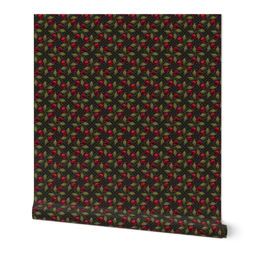 ★ ROCKABILLY CHERRY SKULL AND POLKA DOTS ★ Red + Avocado Green - Small Scale / Collection : Cherry Skull - Rock 'n' Roll Old School Tattoo Prints