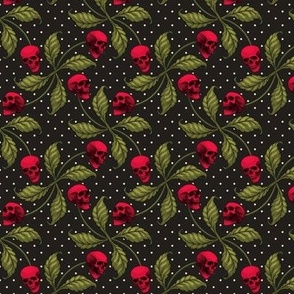 ★ ROCKABILLY CHERRY SKULL AND POLKA DOTS ★ Red + Avocado Green - Small Scale / Collection : Cherry Skull - Rock 'n' Roll Old School Tattoo Prints