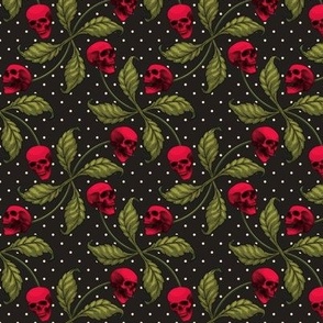 ★ ROCKABILLY CHERRY SKULL AND POLKA DOTS ★ Red + Avocado Green - Medium Scale / Collection : Cherry Skull - Rock 'n' Roll Old School Tattoo Prints