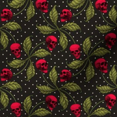 ★ ROCKABILLY CHERRY SKULL AND POLKA DOTS ★ Red + Avocado Green - Large Scale / Collection : Cherry Skull - Rock 'n' Roll Old School Tattoo Prints