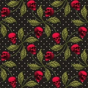 ★ ROCKABILLY CHERRY SKULL AND POLKA DOTS ★ Red + Avocado Green - Large Scale / Collection : Cherry Skull - Rock 'n' Roll Old School Tattoo Prints