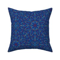 Rainbow Embroidery Illusion Butterflies and Bloom on Dark Blue Linen Look