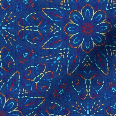 Rainbow Embroidery Illusion Butterflies and Bloom on Dark Blue Linen Look