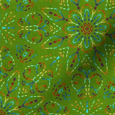 Rainbow Embroidery Illusion Butterflies and Bloom on Olive Green Linen Look