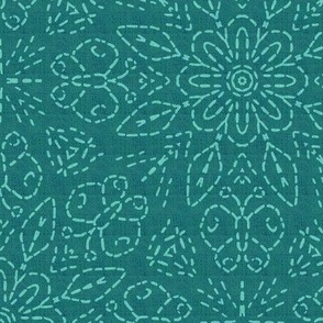 Embroidery Illusion Butterflies and Bloom in Teal Linen Look