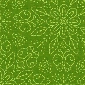 Embroidery Illusion Butterflies and Bloom in Lime Green Linen Look
