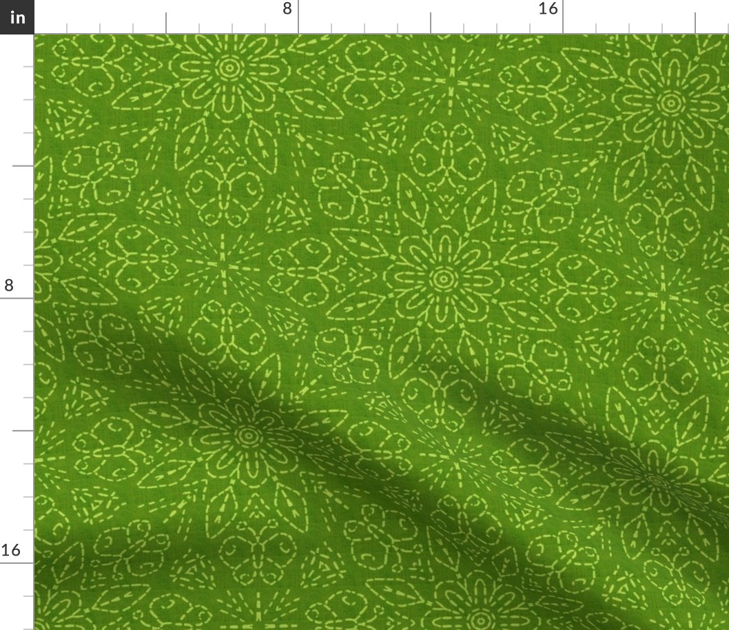 Embroidery Illusion Butterflies and Bloom in Lime Green Linen Look