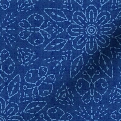 Embroidery Illusion Butterflies and Bloom in Dark Blue Linen Look