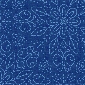 Embroidery Illusion Butterflies and Bloom in Dark Blue Linen Look