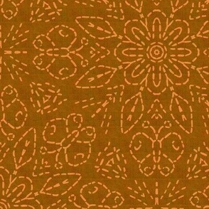 Embroidery Illusion Butterflies and Bloom in Burnt Orange Linen Look