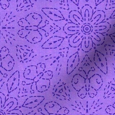 Embroidery Illusion Butterflies and Bloom in Lavender and Blue Linen Look