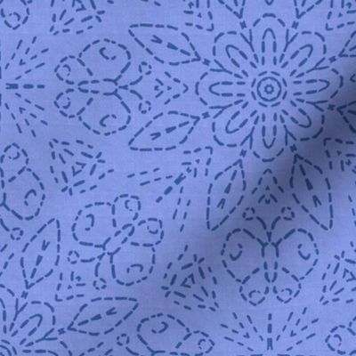 Embroidery Illusion Butterflies and Bloom in Light Blue Linen Look