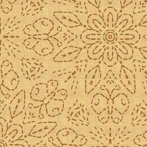 Embroidery Illusion Butterflies and Bloom in Yellow and Brown Linen Look