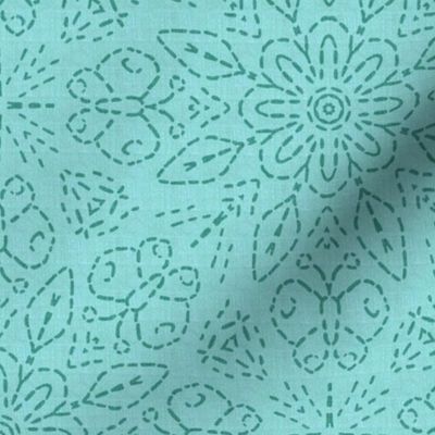 Embroidery Illusion Butterflies and Bloom in Turquoise Linen Look