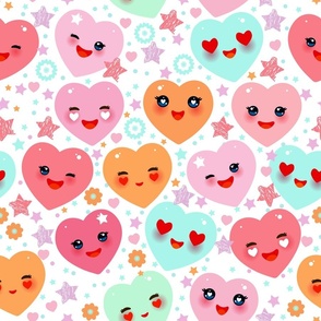 Funny Kawaii heart pink, yellow, lilac, orange, green, on white background. Valentine's Day. 