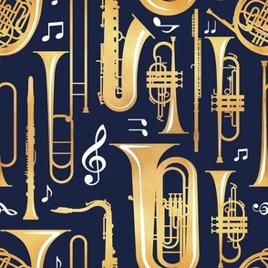 Normal scale // Give me some music // solid oxford navy blue background gold textured musical instruments white music notes