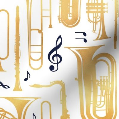 Normal scale // Give me some music // white solid background gold textured musical instruments oxford navy blue music notes