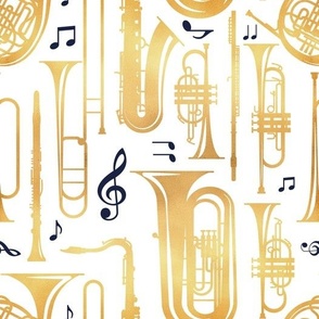 Normal scale // Give me some music // white solid background gold textured musical instruments oxford navy blue music notes