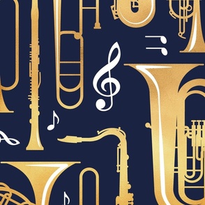 Large jumbo scale // Give me some music // solid oxford navy blue background gold textured musical instruments white music notes