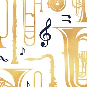 Large jumbo scale // Give me some music // white solid background gold textured musical instruments oxford navy blue music notes