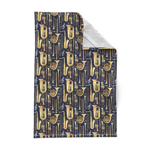 Small scale // Give me some music // solid oxford navy blue background gold textured musical instruments white music notes