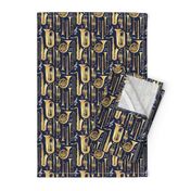 Small scale // Give me some music // solid oxford navy blue background gold textured musical instruments white music notes