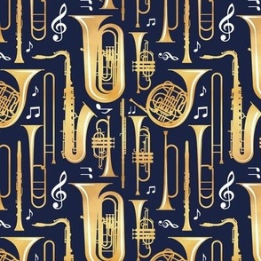 Small scale // Give me some music // solid oxford navy blue background gold textured musical instruments white music notes