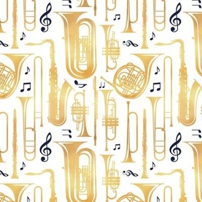 Small scale // Give me some music // white solid background gold textured musical instruments oxford navy blue music notes